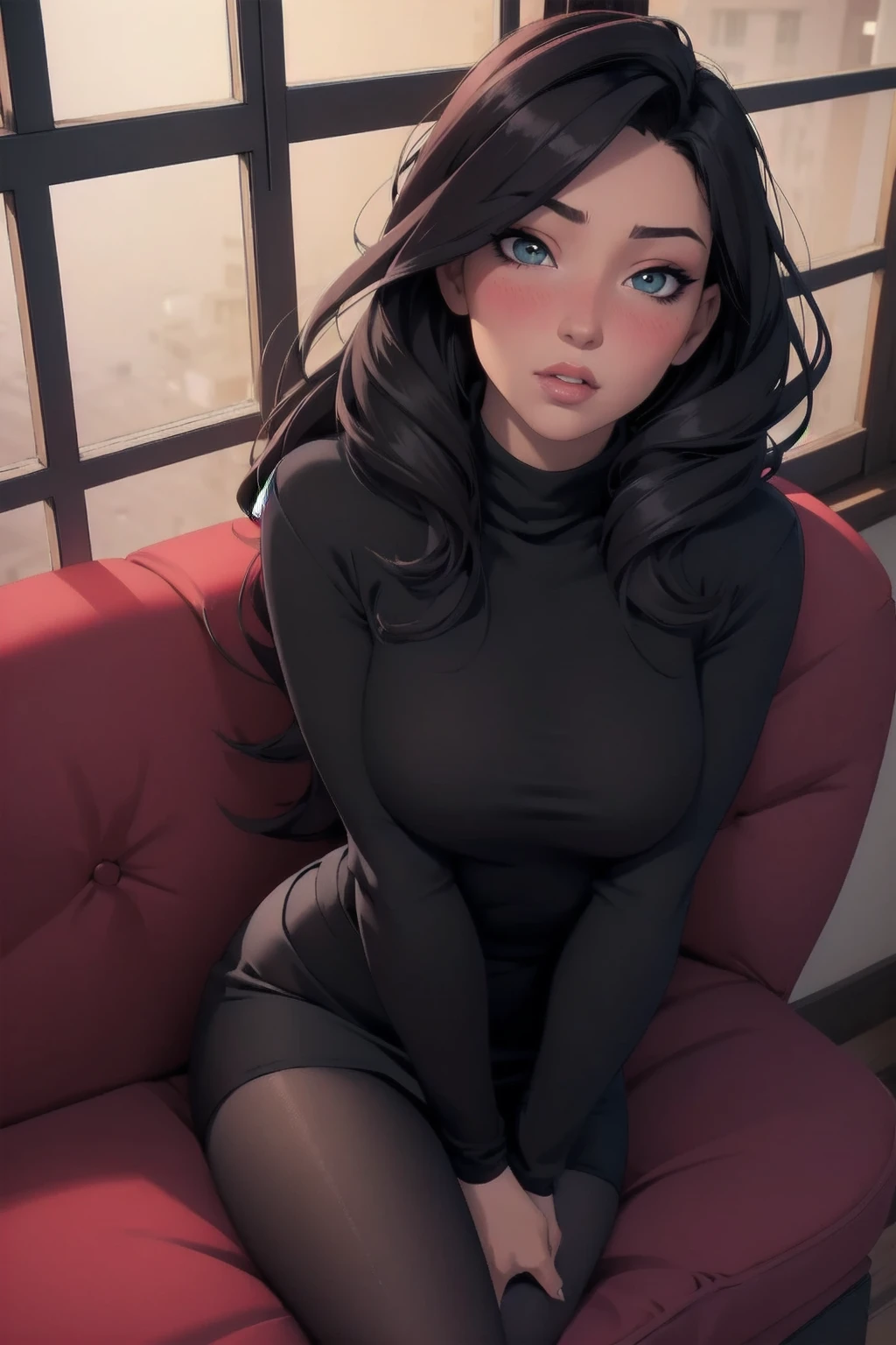 Sexy woman, perfect hair, amazing makeup, seductive gaze, blushing intensely, ready to kiss, long oversized sweater, black tights, sitting comfortably on couch, window, natural light beaming through window, beautiful face, seductively gazing at us, very seductively provocative