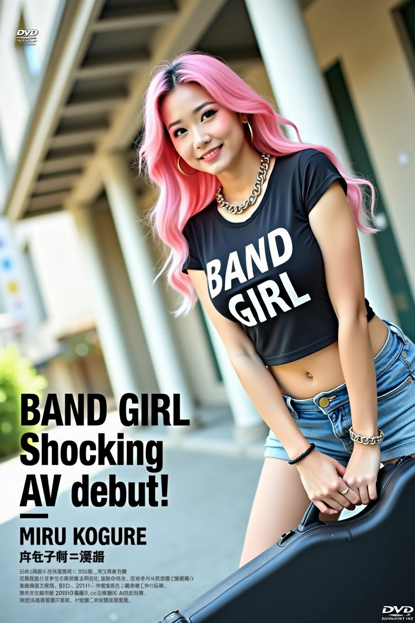 (((A little chubby, big breasts, big buttocks))),smile ((((Woman's ridiculously large breasts change, slender curves, big , big breasts, big , super beautiful woman, whip-smacking body)))), adult video poster layout, text on screen: "BAND GIRL Shocking AV debut!! ★ MIRU KOGURE ",(((Japanese woman with large black guitar case)))), 26 year old adult woman wearing black crew neck top with large English letters "JAV Actress" on her chest and short blue jeans posing for a photo shoot, big breasted female porn actor, dynamic pose, rock music magazine model pose,. Japanese female fashion model, (((very bright pink hair))), happy expression, thick chain accessories on neck and arms, (((in front of Asakusa strip theater))), pure beautiful smile, intelligent face, slender curves, large breasts, wearing black t-shirt, small leather jacket Wearing black T-shirt, very small leather jacket, denim shorts, (((extreme low angle))), null, Bill, holding black guitar case with guitar strap, (((DVD mark, Blu-ray mark))).