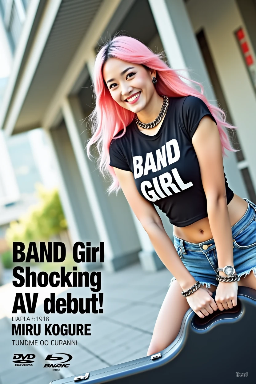 (((A little chubby, big breasts, big buttocks))),smile ((((Woman's ridiculously large breasts change, slender curves, big , big breasts, big , super beautiful woman, whip-smacking body)))), adult video poster layout, text on screen: "BAND GIRL Shocking AV debut!! ★ MIRU KOGURE ",(((Japanese woman with large black guitar case)))), 26 year old adult woman wearing black crew neck top with large English letters "JAV Actress" on her chest and short blue jeans posing for a photo shoot, big breasted female porn actor, dynamic pose, rock music magazine model pose,. Japanese female fashion model, (((very bright pink hair))), happy expression, thick chain accessories on neck and arms, (((in front of Asakusa strip theater))), pure beautiful smile, intelligent face, slender curves, large breasts, wearing black t-shirt, small leather jacket Wearing black T-shirt, very small leather jacket, denim shorts, (((extreme low angle))), null, Bill, holding black guitar case with guitar strap, (((DVD mark, Blu-ray mark))).