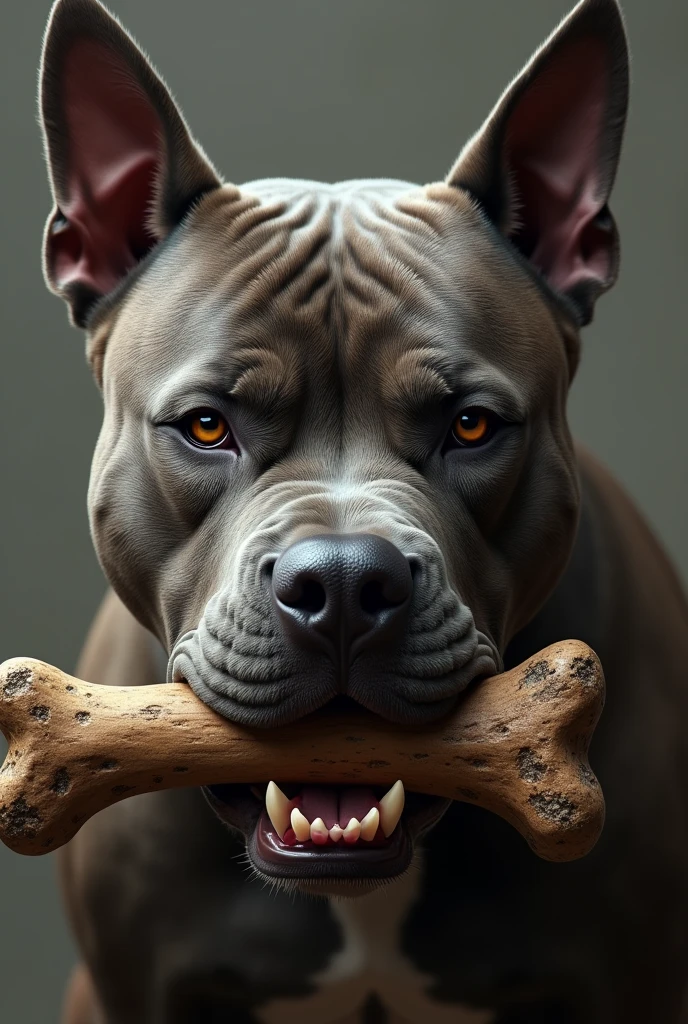The face of a brave and angry pitbull dog biting a bone between its teeth