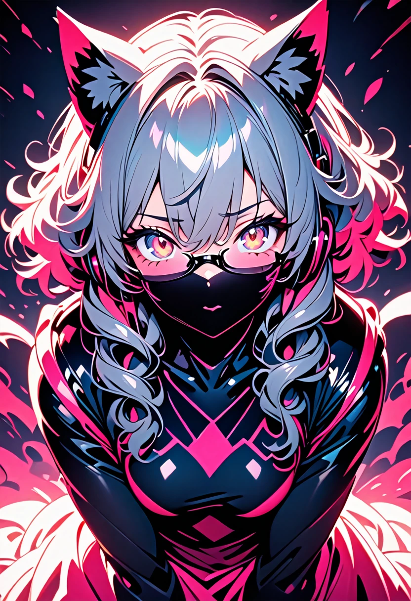 1 girl, black silk wool curly hair, cat ears, pink ballet skirt, plush cat paw gloves, sweet and cute, luminous palette, and is a vector illustration with high resolution, high detail, high quality, high definition, high sharpness, high contrast, high vibrance, high saturation, and high octane style, perfect light, (light smile : 0.9), illustration, (anime coloring:1.1), BREAK (masterpiece:1.2), (best quality:1.2), newest, (intricate details:1.2), ai-generated, best quality, wearing a face mask, black face mask, detached hair, beautifully detailed face mask, hair between eyes, solo, shiny eyes, glasses,headphones