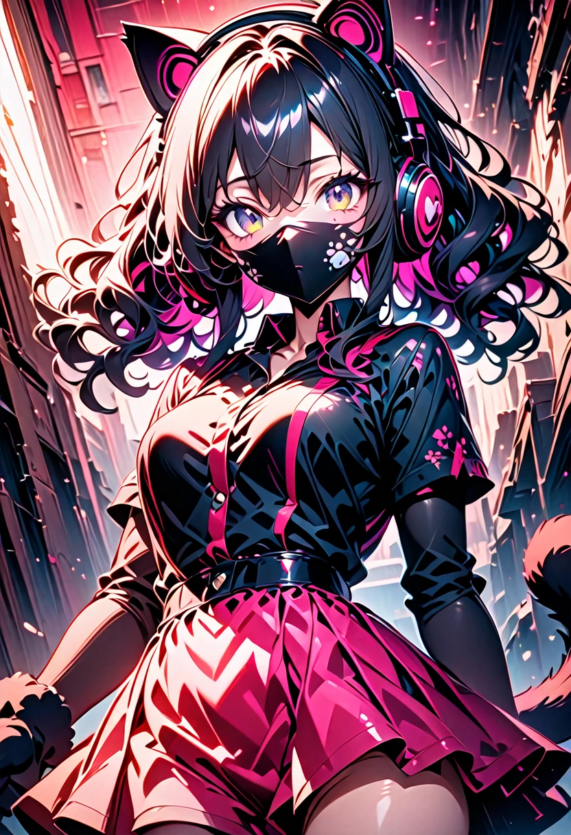 1 girl, black silk wool curly hair, cat ears, pink ballet skirt, plush cat paw gloves, sweet and cute, luminous palette, and is a vector illustration with high resolution, high detail, high quality, high definition, high sharpness, high contrast, high vibrance, high saturation, and high octane style, perfect light, (light smile : 0.9), illustration, (anime coloring:1.1), BREAK (masterpiece:1.2), (best quality:1.2), newest, (intricate details:1.2), ai-generated, best quality, wearing a face mask, black face mask, detached hair, beautifully detailed face mask, hair between eyes, solo, shiny eyes, glasses,headphones