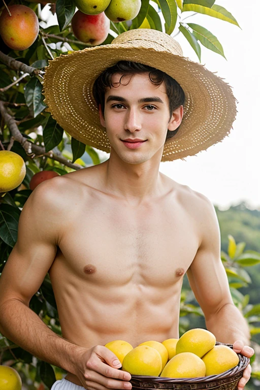 Young cute and handsome skinny face white beautiful smooth skin shirtless picking mango in a basket hat