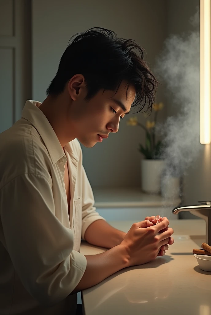 Image of young dark-haired man taking care of himself