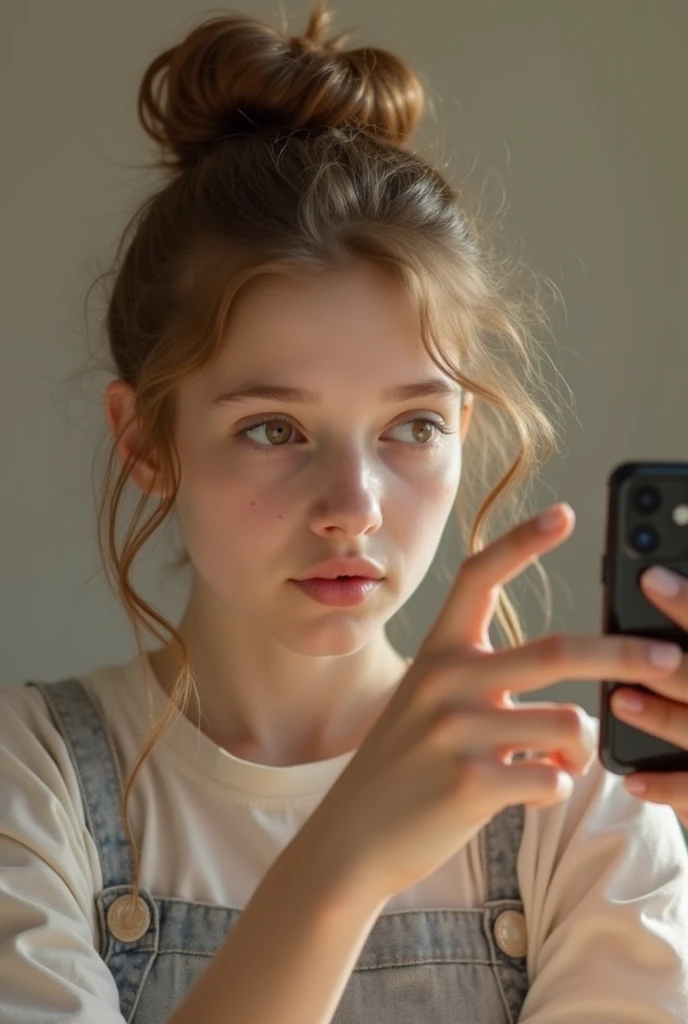 sweet old girl, Light brown bun hair, fully body, in front of the mirror taking a picture with the cell phone, make it look very real, cell phone in hand "a14"
