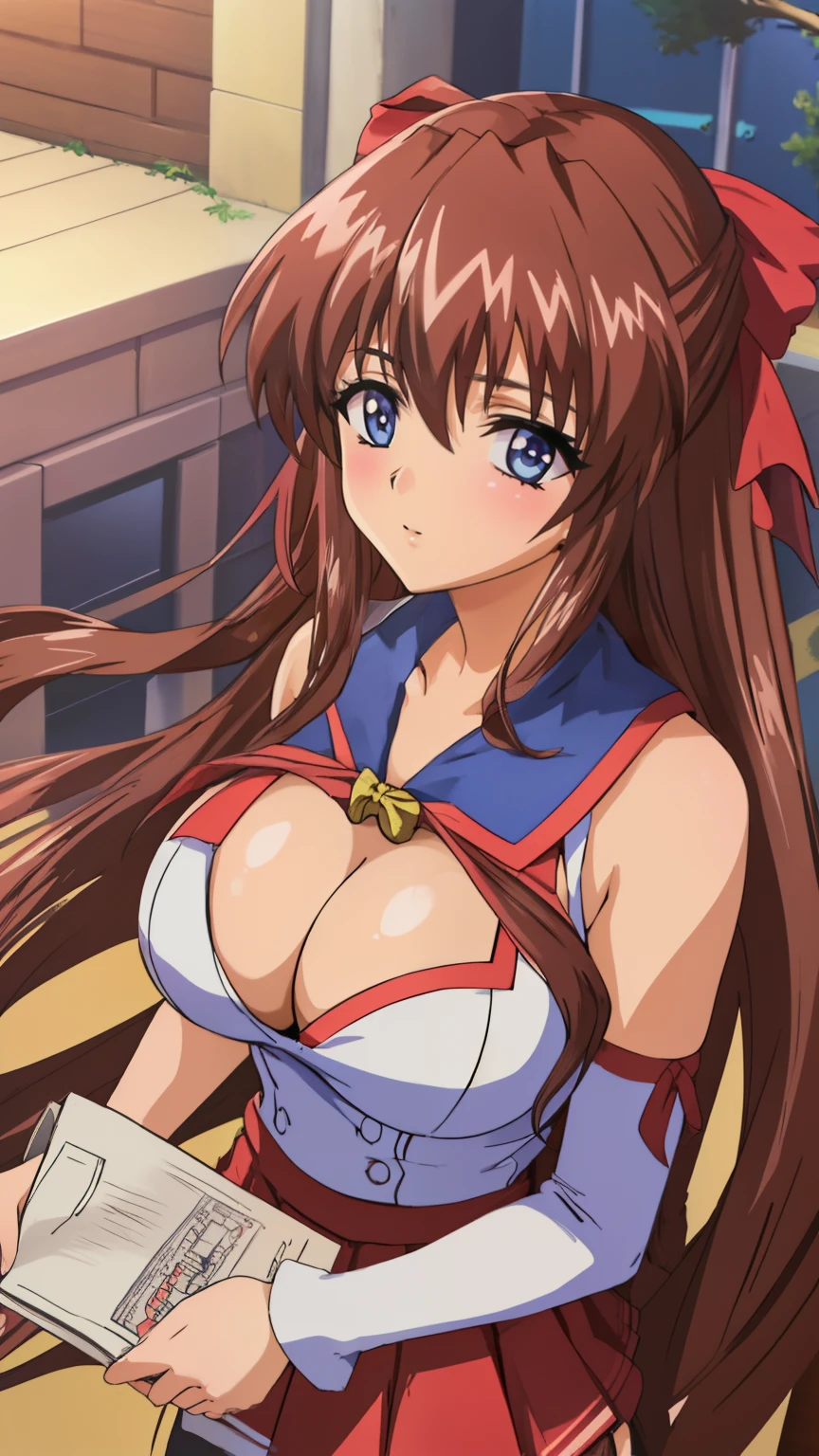 (Anime artwork, Anime Style, Studio Anime, Very detailed, Latest, Vibrant, Anime Coloring Book, High Contrast, masterpiece:1.2, Highest quality, Best aesthetics), Straight long hair, Big Breasts, Hair Ribbon, (A woman wearing a sailor suit, Pleated skirt, I can see a glimpse of my thighs, Cherry tree、The wind is blowing, ((Cleavage))), Asymmetrical bangs, Perfect Proportions, Skin with attention to detail, cute, Detailed face, (Low angle shot:1.2), (Accurate fingertips, Browse 4, Thumb 1),