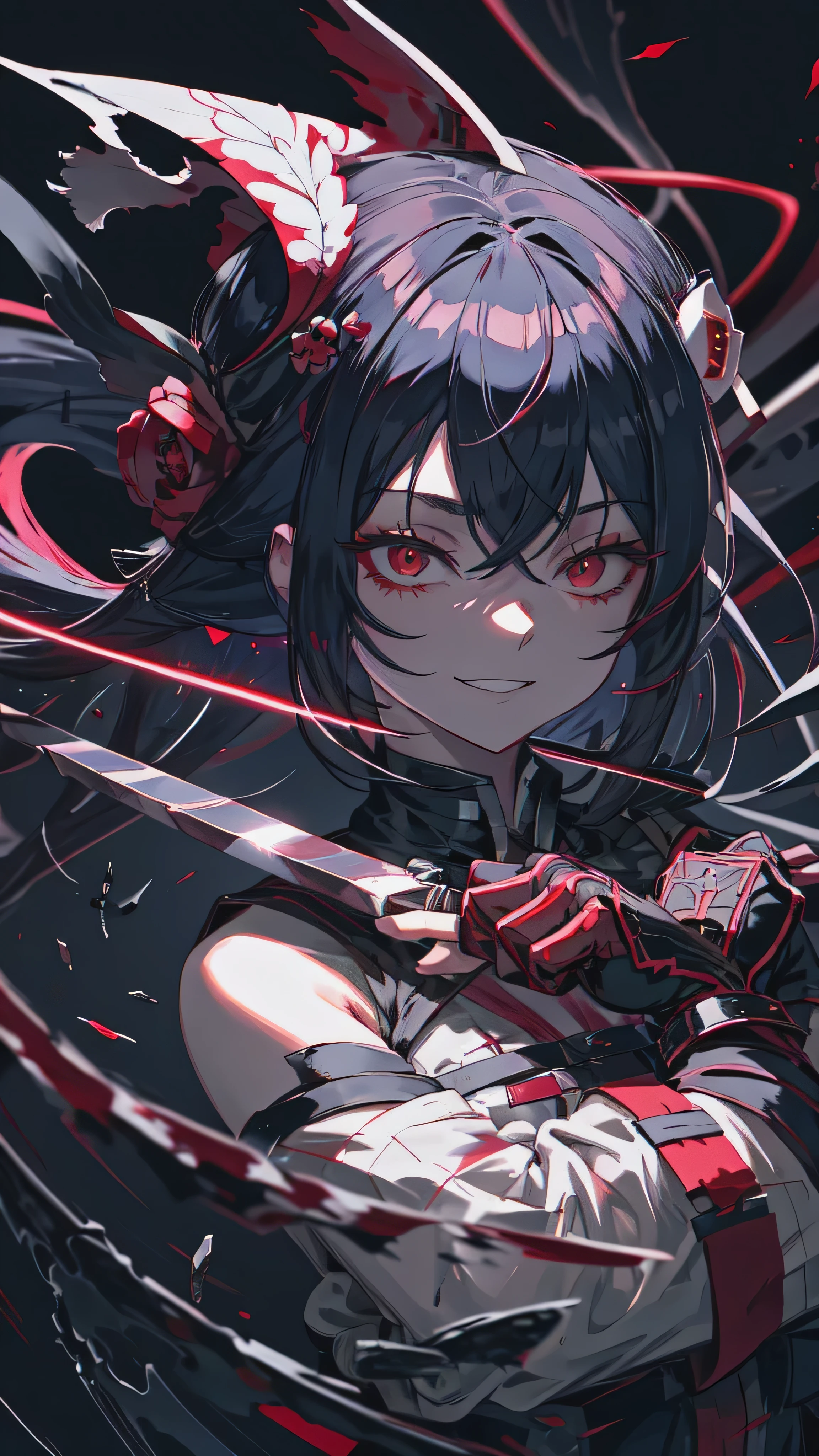 Red-eyed anime girl holding a knife in her hand, gapmoe Yandere grimdark, gapmoe Yandere, Bloodstained, Yandere, Yandere intricate, portrait gapmoe Yandere grimdark, Anxious smile, [[[[smile wickedly]]]], Laughing lasciviously, Thrasher Smile Latex,elbow gloves