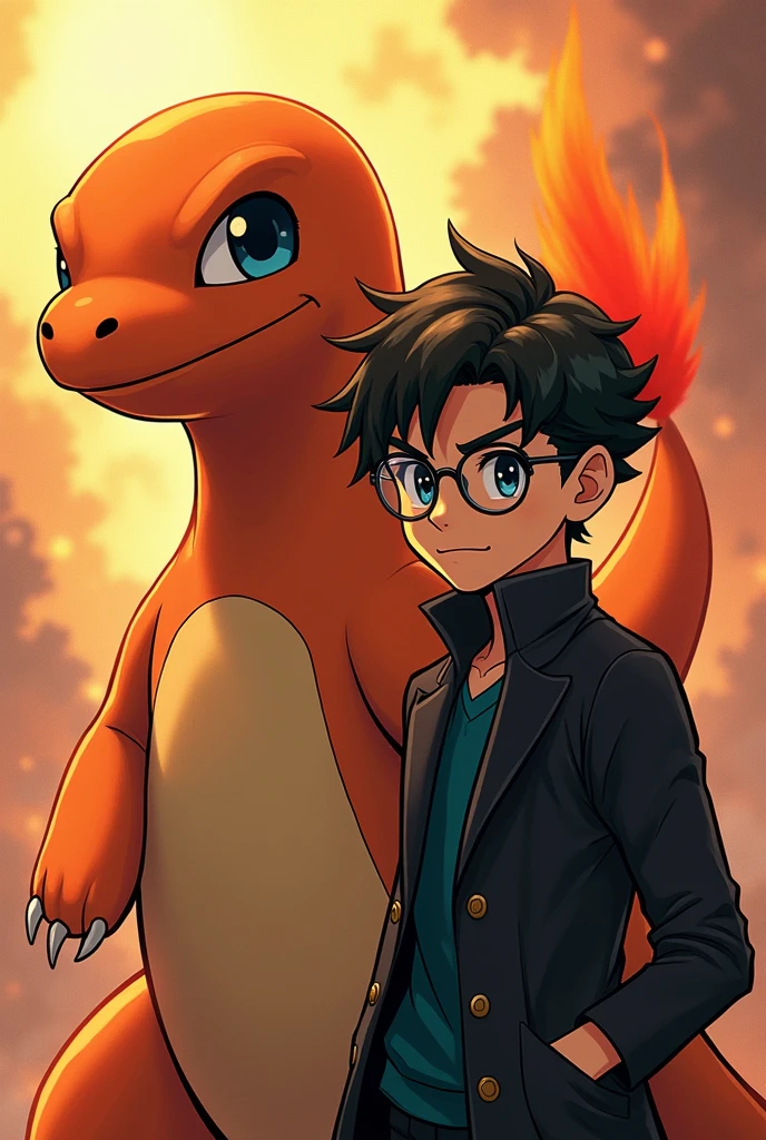 a detailed artwork of Pokémon Charmander and a boy wearing a black overcoat and glass transparanent on his face with a serious expression, Pokémon, 4k, 8k, Full HD, corpo inteiro, Pokémon art style, estilo de desenho hiper-realista, arte de anime limpa e detalhada, Dynamic background