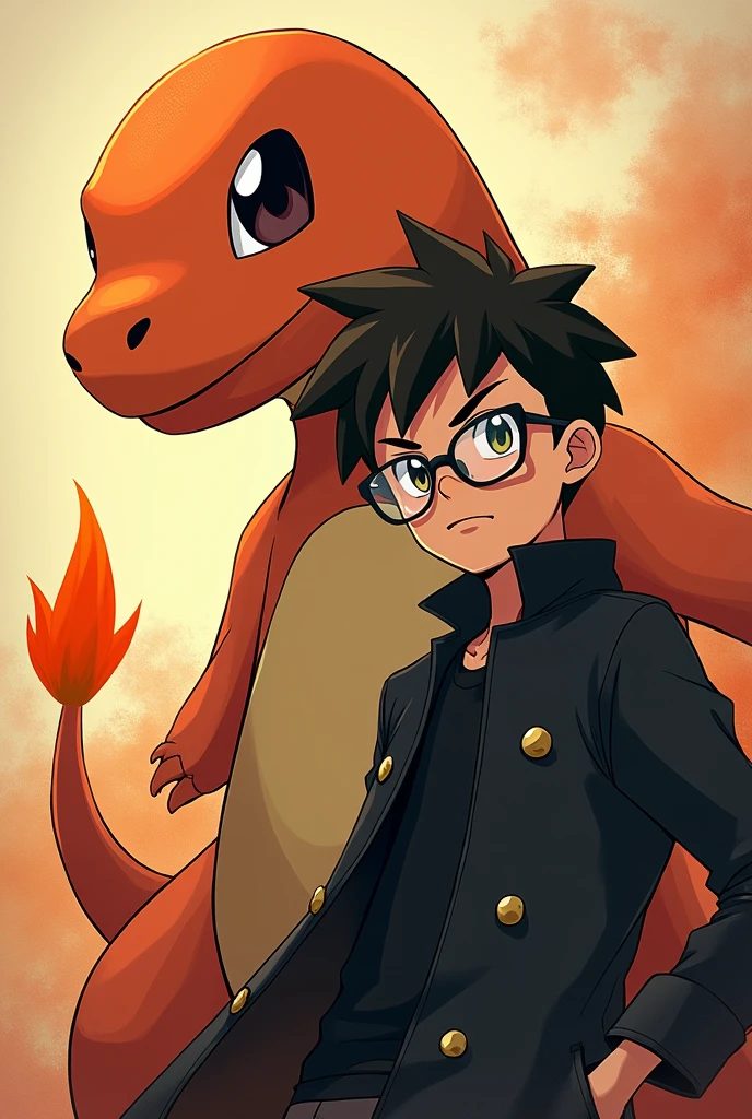 a detailed artwork of Pokémon Charmander and a boy wearing a black overcoat and glass transparanent on his face with a serious expression, Pokémon, 4k, 8k, Full HD, corpo inteiro, Pokémon art style, estilo de desenho hiper-realista, arte de anime limpa e detalhada, Dynamic background