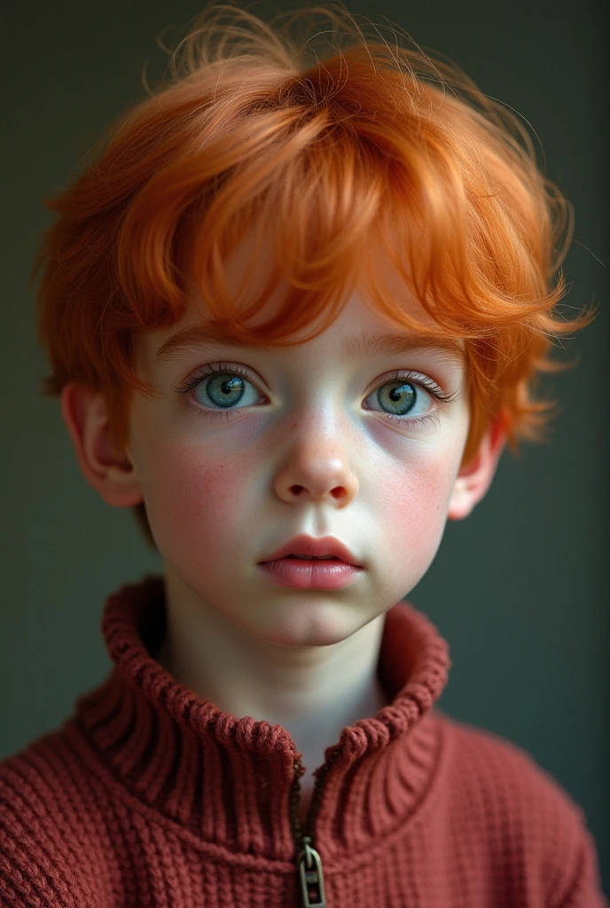 Pale boy of about 13 years old, Red hair, mushroom cut and light eyes.