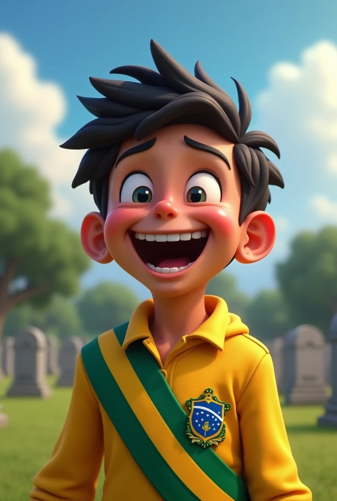 create an image of a Brazilian boy laughing, but in a malicious way, with a presidential sash, in the background a cemetery. the image must be in the disney pixar cartoon style. records of cemitário