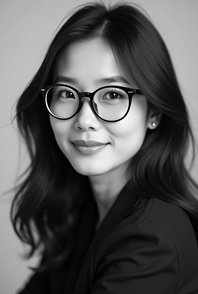 B/W portrait photograph of 40 y.o. beautiful Korean professor with black glasses .
