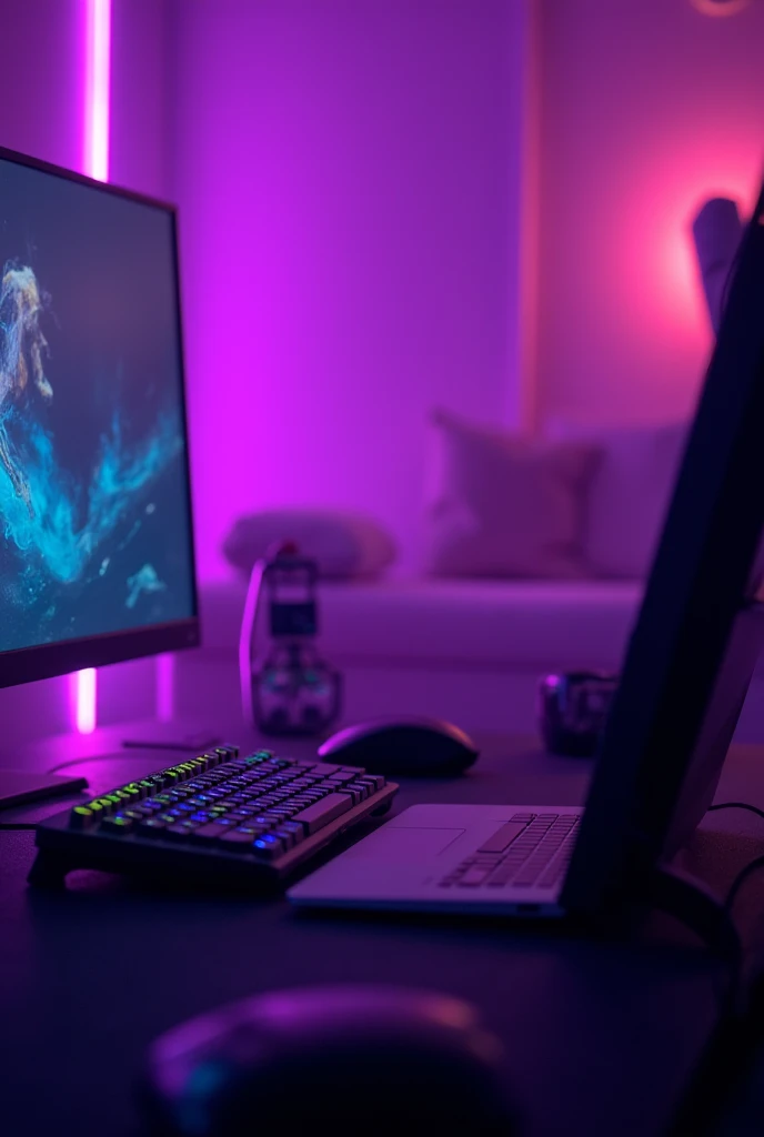 purple shaded background with gamer computers