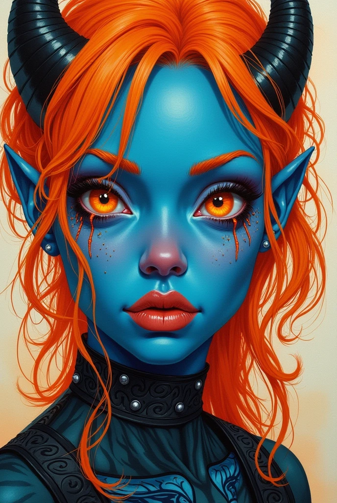(((masterpiece))), (((Best quality: 1.4))), ((super detail: 1.4)) , hyper detailed gouache painting of a female tiefling, Gorgeous exotic features, Amber neon eyes:1.5,  orange hair, Hyper-detailed facial features, Expressive Face, detailed textures, blue skin tone, tattoos, natural leather shader, volume, warm tones under her skin, ultra high resolution