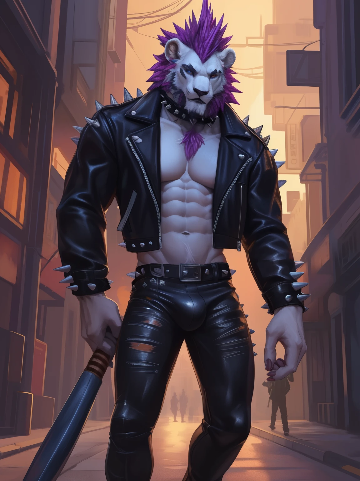 indong, lucusold, lanxus, a skinny young adult, ager, skinny body type, tall and skinny body, not muscular, furry white lion wearing ((punk outfit, spiky leather jacket:1.2)), voluminus white full lion’s maine, skinny shoulders, spiky choker collar, leather pant, bulge, in the street at night, 6 pack abs, tongs out, punk attitude, holding a metal baseball bat, lowres, danbooru and artstation, heavy detailed,tall, skinny, long arms, long legs, commission for high res, detailed but rough, semirealistic:1.3