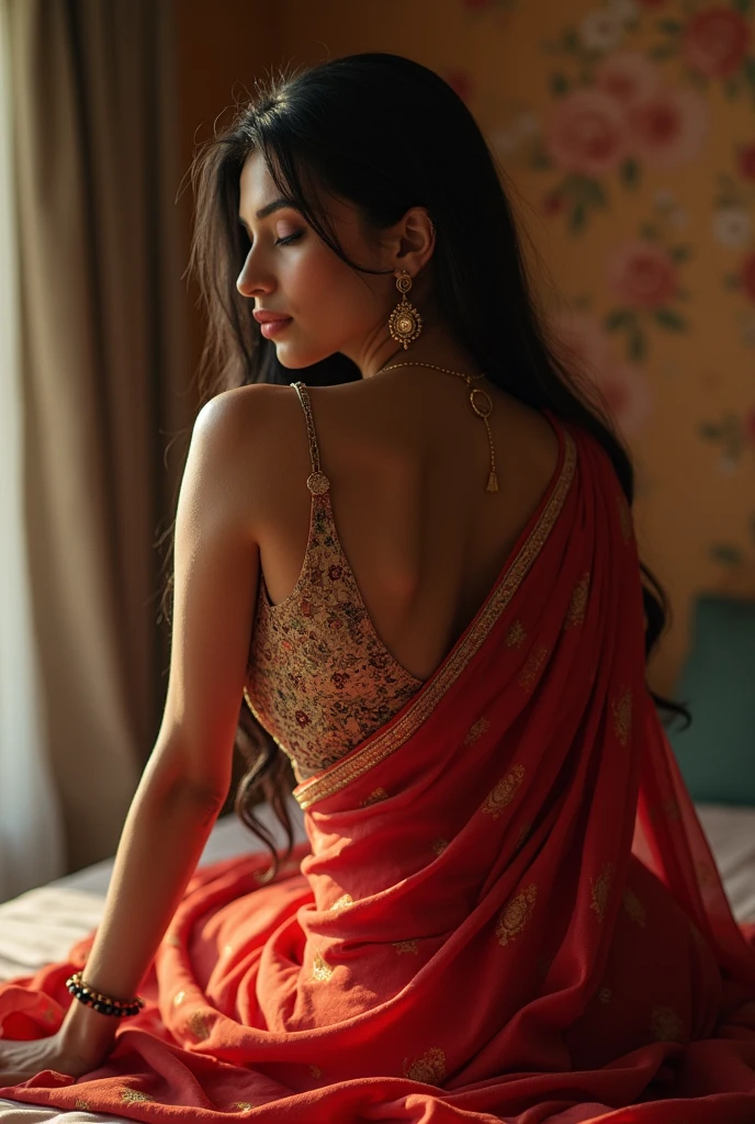 Indian girl in a sexy torn saree, cleavage, huge breasts, hour glass figure, extremely detailed eyes and face, side view, midriff uncovered, looking at camera, (sexy hot navel:1.4), seductive expression