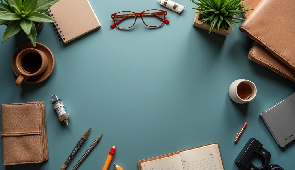 image with a matte background that leaves space in the center for elements that will be placed later , in the corners of a millionaire's office supplies as if it were a table