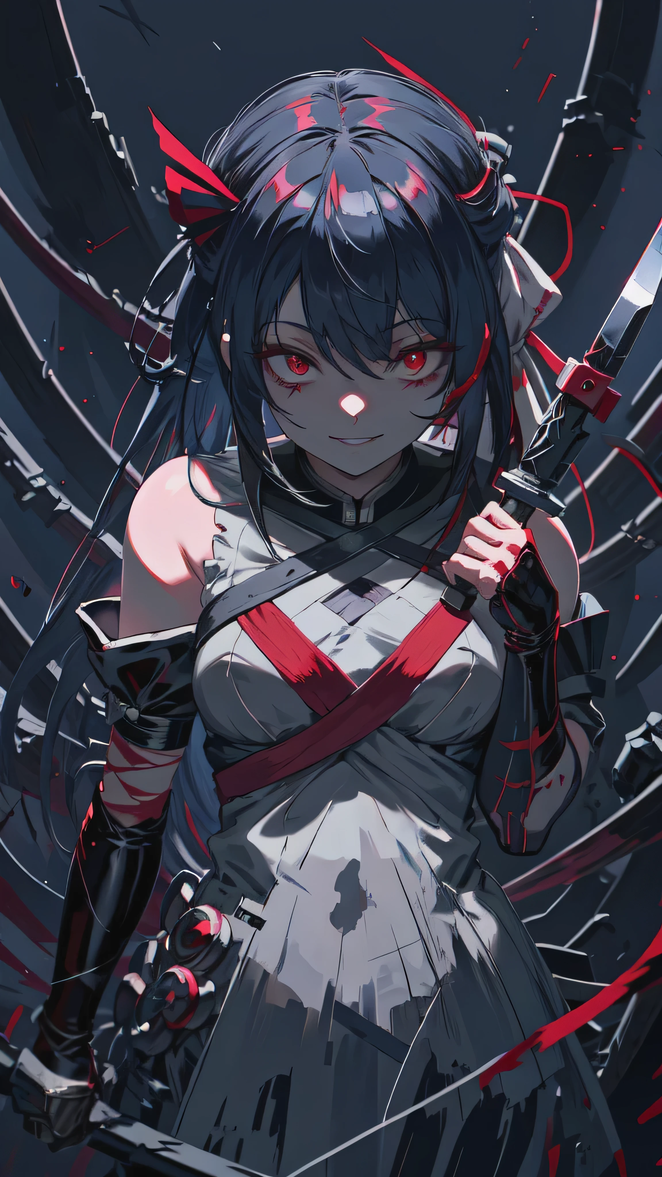 Red-eyed anime girl holding a knife in her hand, gapmoe Yandere grimdark, gapmoe Yandere, Bloodstained, Yandere, Yandere intricate, portrait gapmoe Yandere grimdark, Anxious smile, [[[[smile wickedly]]]], Laughing lasciviously, Thrasher Smile Latex,elbow gloves