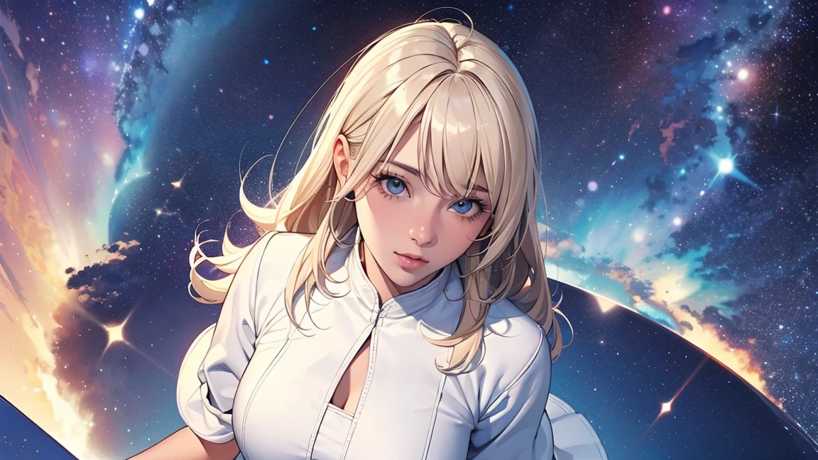 , (Highest quality), One girl, (Perfect Face:1.2), (Beautiful Face:1.2), Platinum Blonde Hair, (From above, Upper Body:1.3), Happy, Lisa Whitepink, White dress, Breast size 34,Night Sky Galaxy 、Summer full body