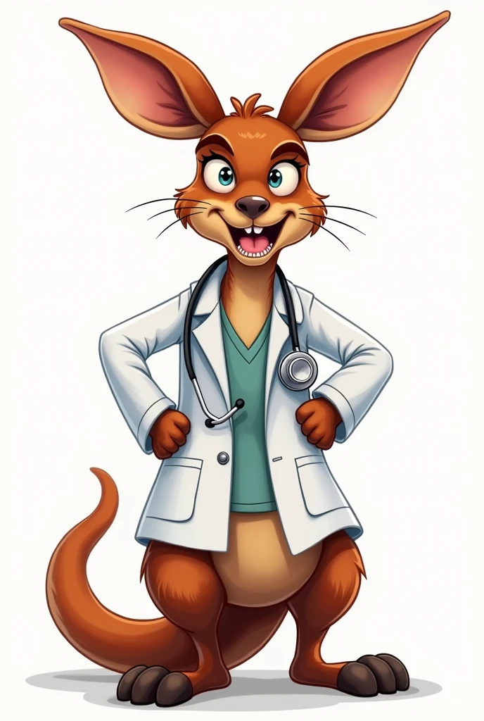 create a realistic drawing of a strong in cartoon kangaroo with a medical coat and a stethoscope around its neck, the animal must be angry