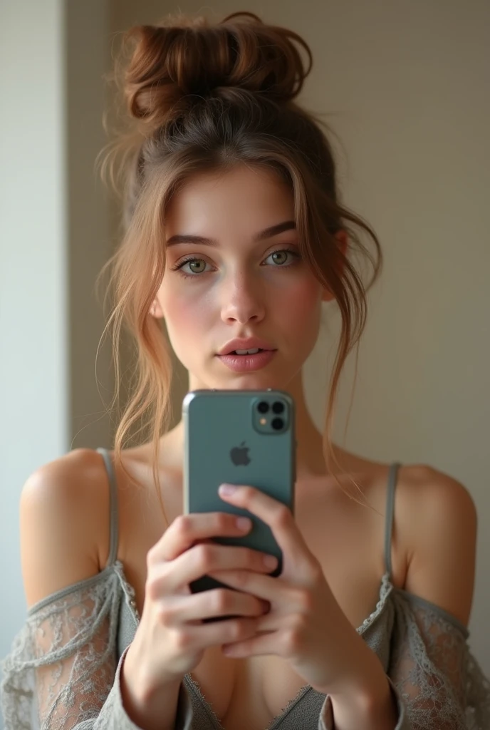 Girl 14years old taking picture (with her phone in front of a mirror ) of her huge breast in a crop top