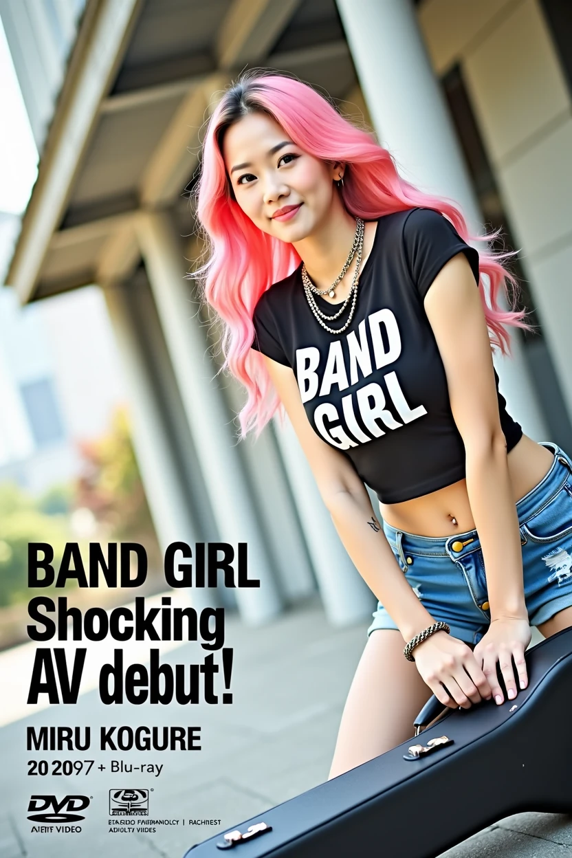 (((A little chubby, big breasts, big buttocks))),smile ((((Woman's ridiculously large breasts change, slender curves, big , big breasts, big , super beautiful woman, whip-smacking body)))), adult video poster layout, text on screen: "BAND GIRL Shocking AV debut!! ★ MIRU KOGURE ",(((Japanese woman with large black guitar case)))), 26 year old adult woman wearing black crew neck top with large English letters "JAV Actress" on her chest and short blue jeans posing for a photo shoot, big breasted female porn actor, dynamic pose, rock music magazine model pose,. Japanese female fashion model, (((very bright pink hair))), happy expression, thick chain accessories on neck and arms, (((in front of Asakusa strip theater))), pure beautiful smile, intelligent face, slender curves, large breasts, wearing black t-shirt, small leather jacket Wearing black T-shirt, very small leather jacket, denim shorts, (((extreme low angle))), null, Bill, holding black guitar case with guitar strap, (((DVD mark, Blu-ray mark))).
