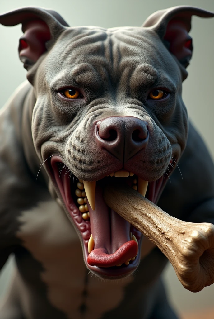 The face of an angry pitbull dog biting a bone between its teeth