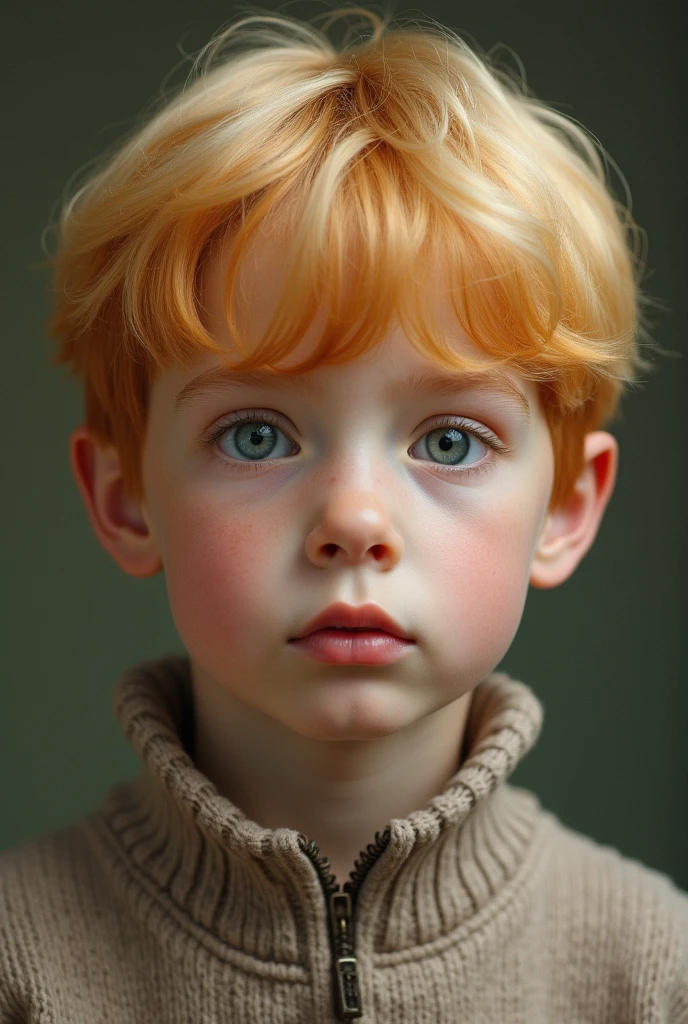 Pale boy of about , blonde orange hair, mushroom cut and light eyes.
