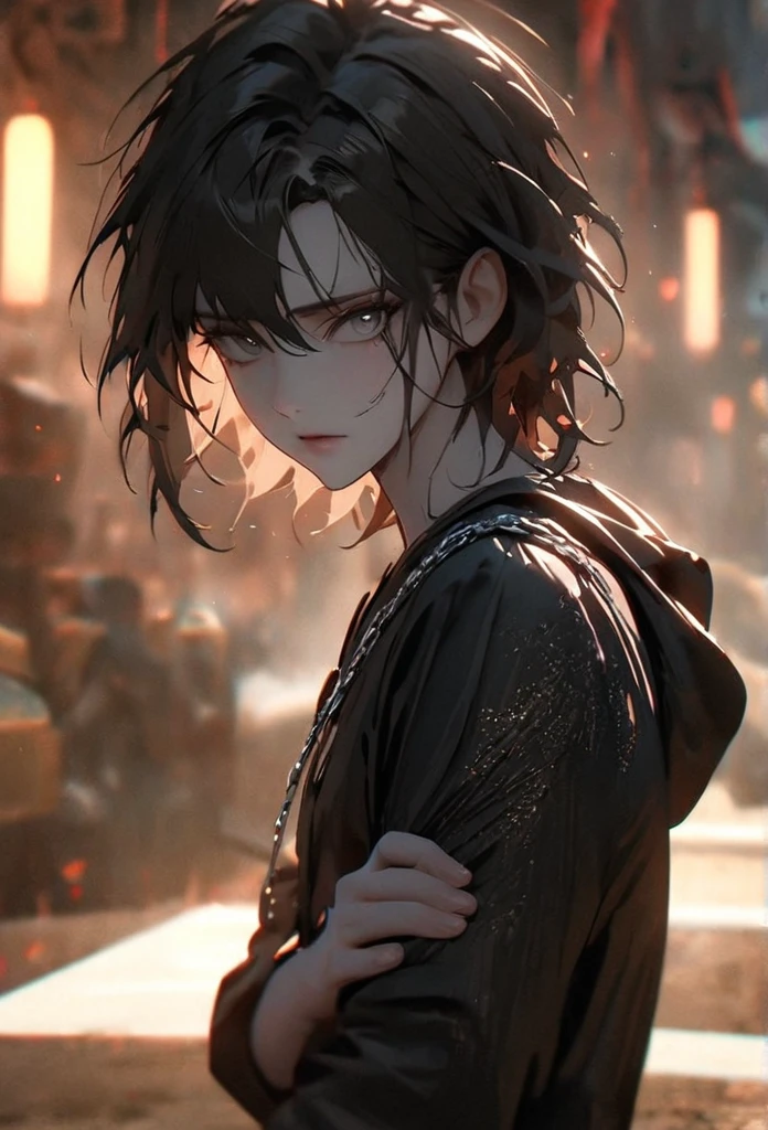 (solo), masculine, korean black hair, messy hair, mane hair, short hair, dense hair, expressive hair, mature,(25 year old), pale skin, grey eyes, ((man)), teacher, wearing black shirt, rolled up sleeves, black long pants, One shoulder has shoulder armor, black cape covering one arm, detailed eyes, dark, hood, the background is space in china. Silver chains everywhere, attractive, eye reflection, depth of field, thunder aura, cinematic lighting, ray tracing, depth of field, cinematic lighting, ray tracing, UHD, high details, best quality, highres, high quality, award winning, super detail, masterpiece, 8k, UHD, high details, best quality, highres, high quality, award winning, super detail, masterpiece, 8k, digital art, anime coloring, full body, body shot, good face, perfect face, detailed face, good eyes, in a fighting position, holding a sword.