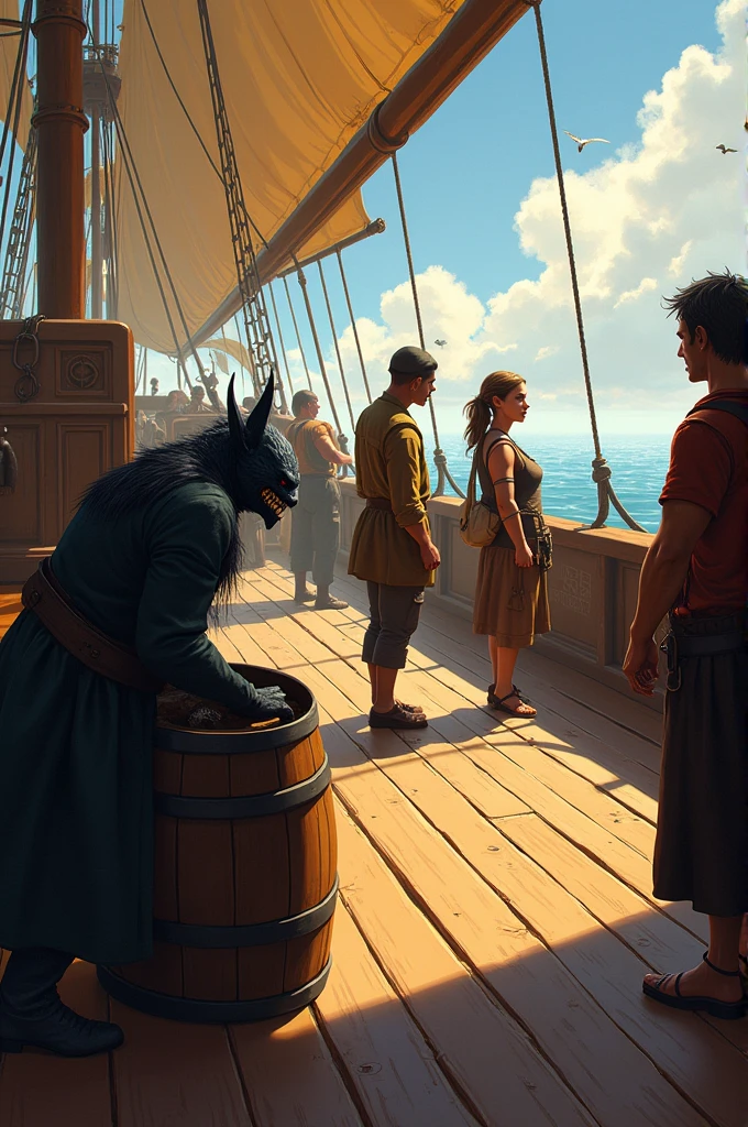 Scene changes to the ship's deck during the day. Zorrath, a tiefling handyman with a mischievous grin, is lurking behind a barrel, watching Lirae interact with the crew.