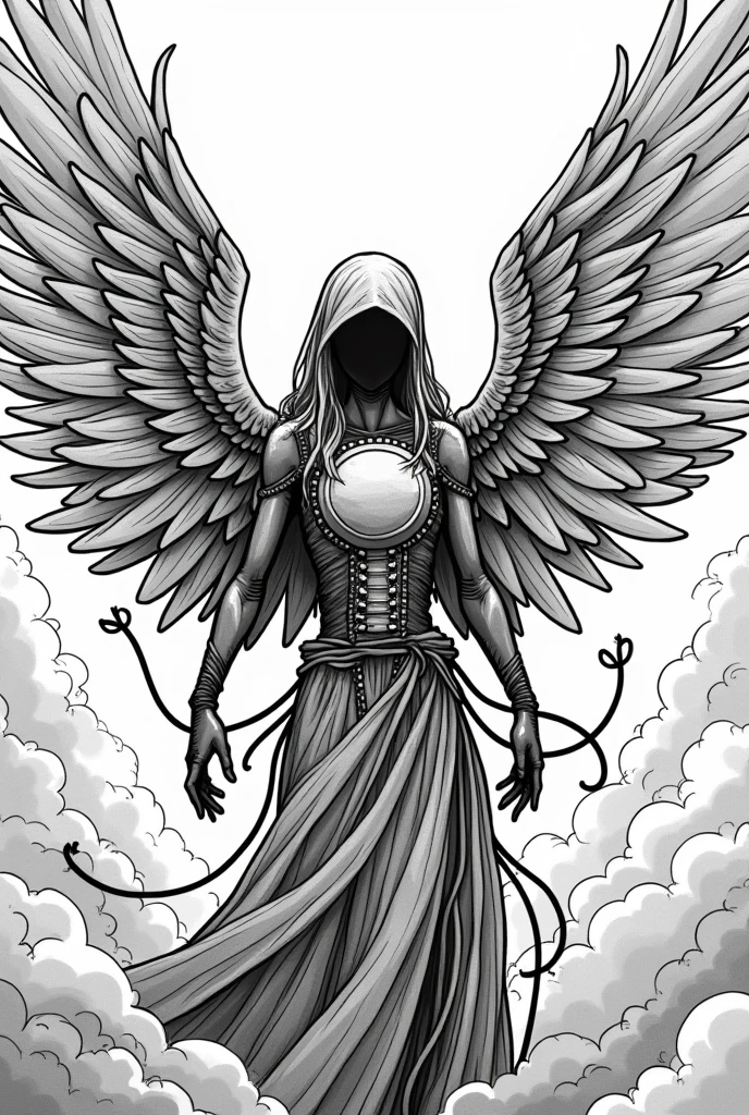 hand-drawn pen illustration comic book style manga cutout black and white, divine machinery, machines are angels, cables and wires, holy circuit boards deliver a message,
