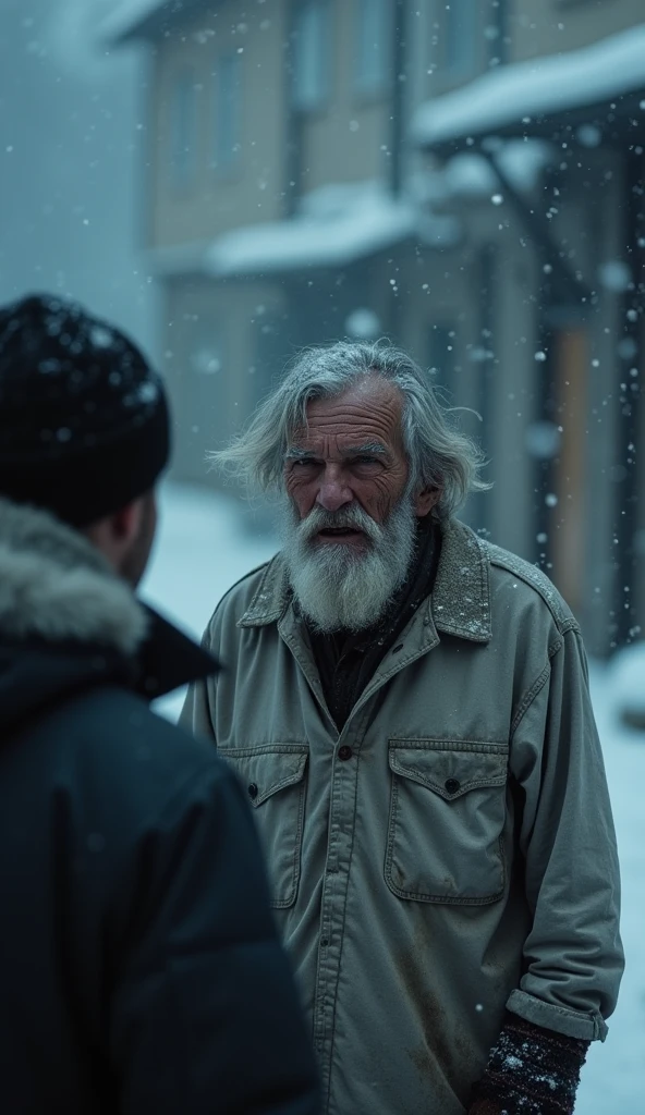 A 21-year-old young rich man with a small beard and big mustache wearing a very lush bluish pent coat and a red muffler holding a cigar in his mouth, looks at a poor 70-year-old man with black oil marks on his dirty face and unmaintained beard, hair and nails are very dirty wearing a torn plain single grey shirt that barely covers his body with concern asking the poor old man about feeling cold without warm clothing. cold night. Snow continues to fall heavily, and the icy wind chills the air as the rich man 