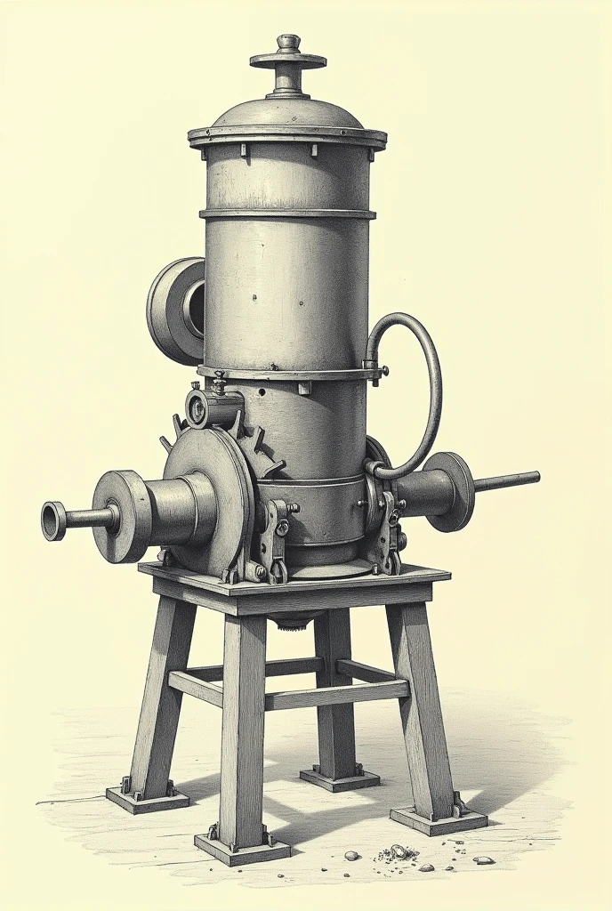 Make a technical drawing of a machine with two 40 cm axes, with a braided wire screen and welding on the shaft each shaft a reduction gear and an electric motor, a feeding trough measuring 40 by 35 centimeters wide and 52 centimeters high, tapering to a 40cm wide outlet for a 5cm opening, all this supported on a base of four supports. two vertical shafts with screen welded onto them for the seed to pass through the middle and break