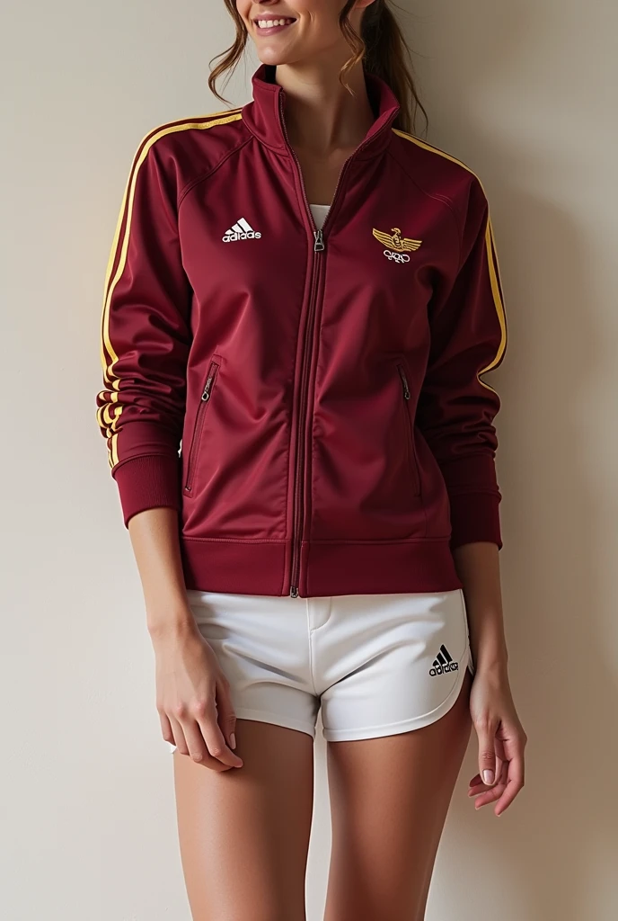 Olympic clothing in maroon, white and gold 