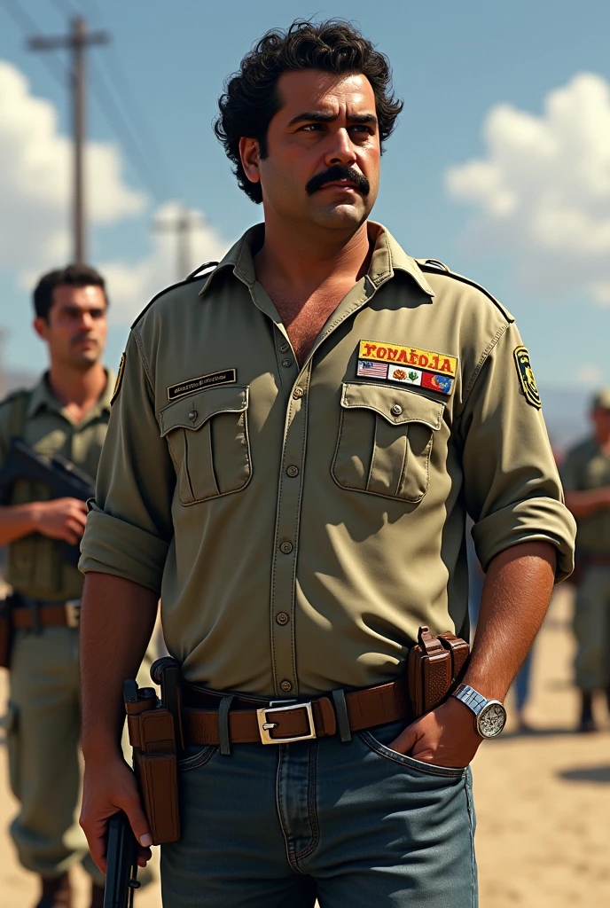 Create an image of Pablo Escobar with GTA V graphics, but the image must have details of soldiers and him in the middle
