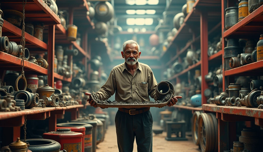 An Indian man showing "hero company" Spare Parts in his shop full of spare parts and vehicles