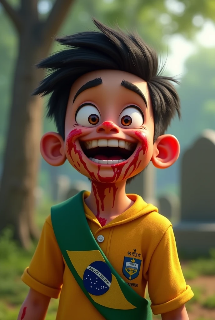 create an image of a Brazilian boy laughing, with blood on the hands, but in a malicious way, with a presidential sash, in the background a cemetery. the image must be in the disney pixar cartoon style. records of cemitário, the hair has to be licked to the side