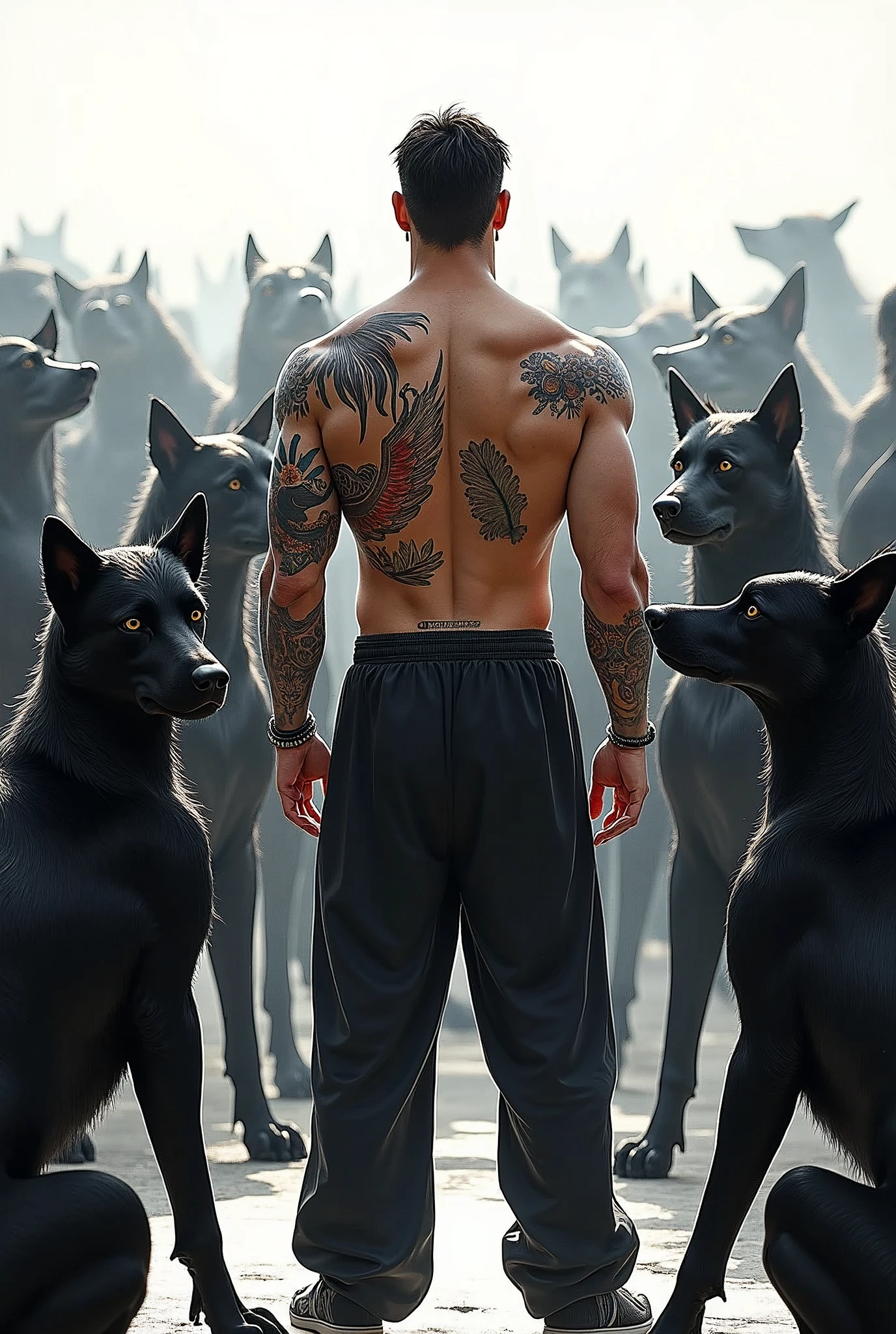 best quality,masterpiece,Ultra-high resolution,1 person,looking at the audience,one,Yamamoto Takashi style,Countless black evil black dog beasts surrounded him，
simple background,White_background,Machinery Division，Exoskeleton，Cold-blooded adult man，toughboy style, Shirtless,trousers, muscle, tattoo