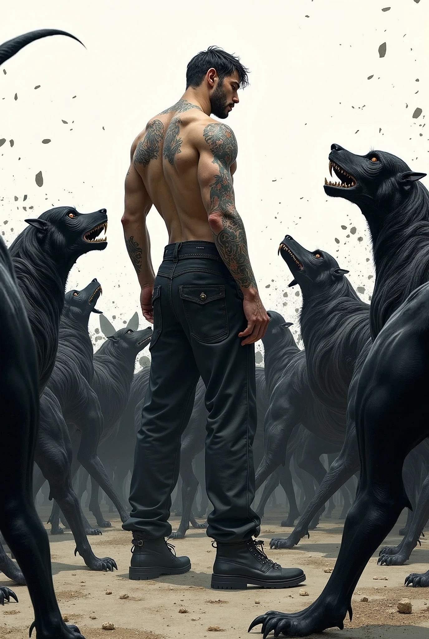 2D anime style, best quality,masterpiece,Ultra-high resolution,1 person,looking at the audience,one,Yamamoto Takashi style,Countless black evil black dog beasts surrounded him，
simple background,White_background,Machinery Division，Exoskeleton，Cold-blooded adult man，toughboy style, Shirtless,trousers, muscle, tattoo, anime 