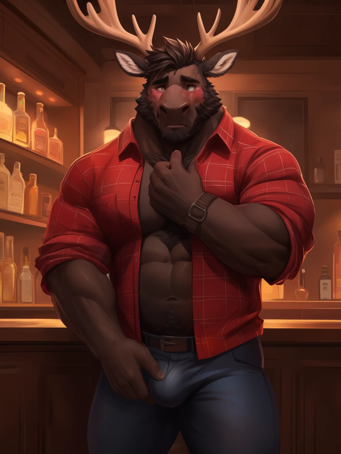 indong, lucusold, lanxus, a teenager guy  with a muscle, furry deer wearing ((thight buttoned up lumberjack shirt :1.2)), big moose antlers, human face, bulge, bar, bartender, fit, ((shy, blushed cheeks :1.3)), bearded , no fat, danbooru and artstation, heavy detailed, handsome, commission for high res, detailed but rough, semirealistic:1.3