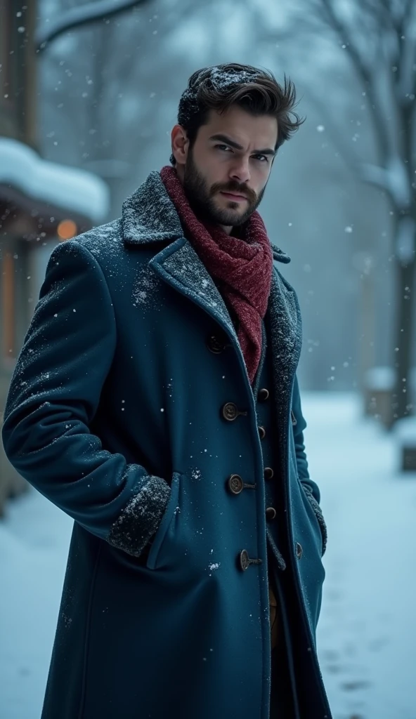A 21-year-old young rich man with a small beard and big mustache, wearing a lush bluish pent coat and a red muffler. Snow-covered ground and icy environment. Dark, cold night with heavy snowfall. The young man is turning to go inside the mansion, leaving the old man outside.