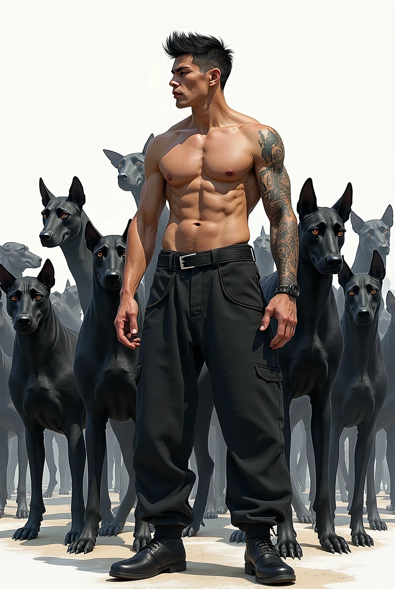 best quality,masterpiece,Ultra-high resolution,1 person,looking at the audience,one,Yamamoto Takashi style,Countless black evil black dog beasts surrounded him,
simple background,White_background,Machinery Division,Exoskeleton,Cold-blooded adult man,toughboy style, Shirtless,trousers, muscle, tattoo