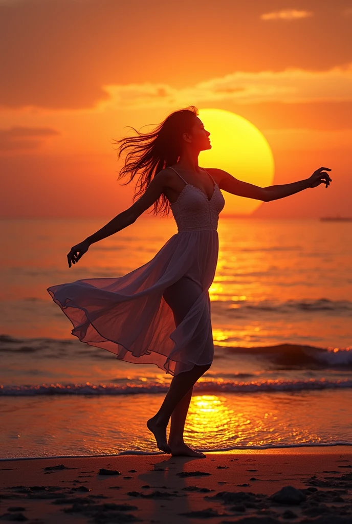 (”Between Yes and No" It is written large in the center),Silhouette of a woman dancing,Summer image,Ocean,Sunset