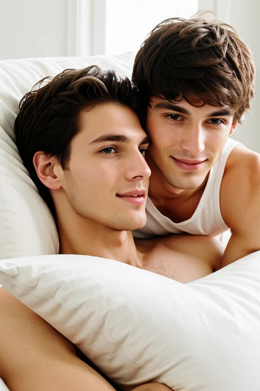 Young cute and handsome skinny white face beautiful soft skin 27 years old playing with pillows with his brother
