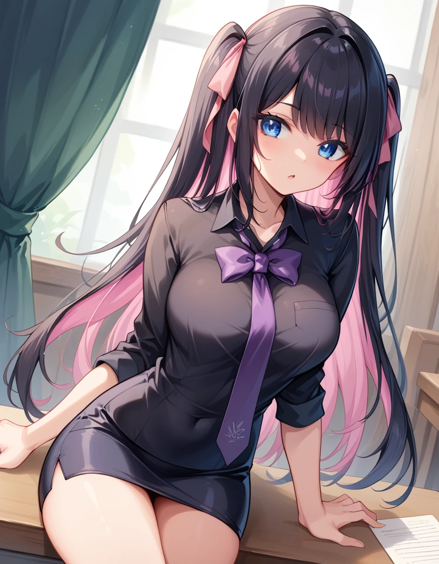 (email) ((Highest quality))、(masterpiece)、(Realistic Shadows)、NSFW、(１6  beautiful girl),(Subjective)、cropped torso、Twin tails、Long Hair、(colored inner hair　black hair + pink inner hair)、Pink hair ribbon、Blue eyes、Black shirt、Purple tie、pencil skirt