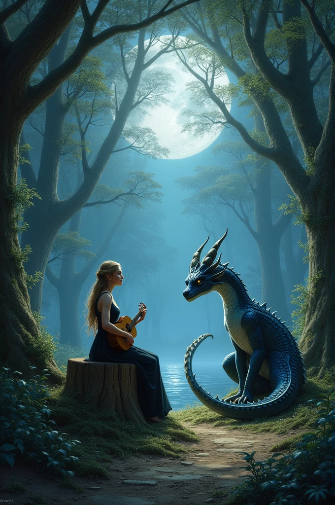 Scene shifts to a quiet, moonlit grove deep in the forest. Lirae is sitting on a tree stump, her lute resting by her side. Razeal, a majestic dragon with shimmering scales, curls up nearby, listening intently.