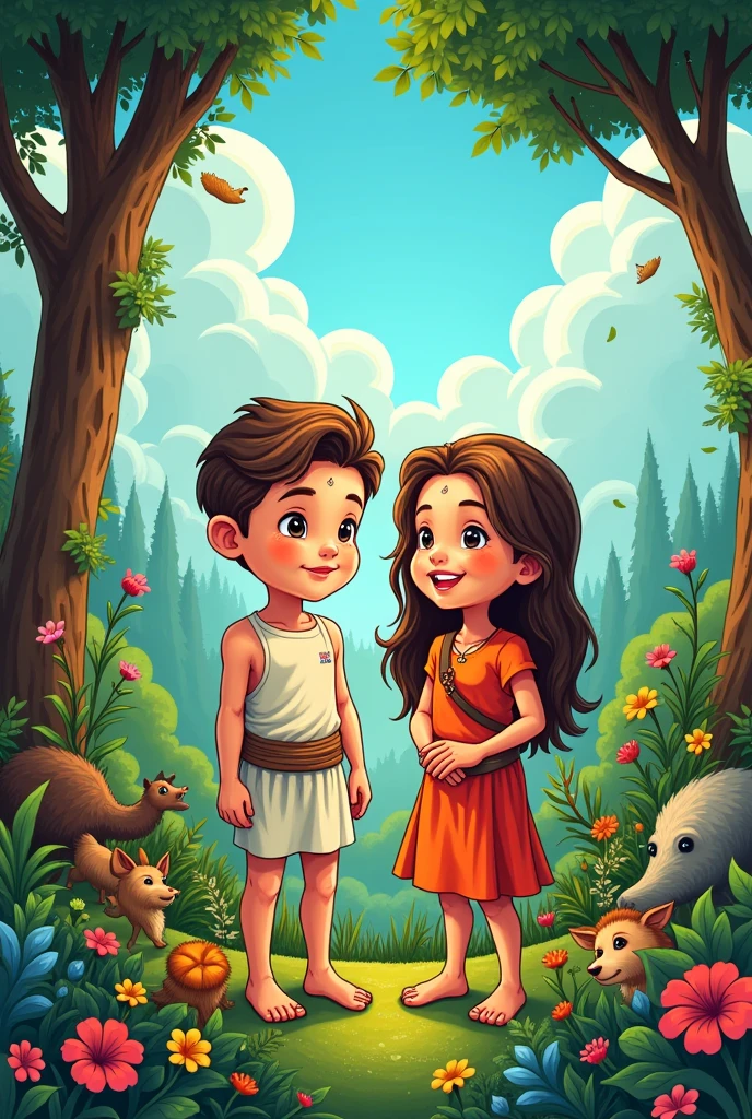 4 fantasy figures A man matching the element fire with flames A woman matching the element water with a blue dress A woman matching the element air with clouds A man matching the element earth For a project in primary school 3rd grade Childish cartoon fantasy
