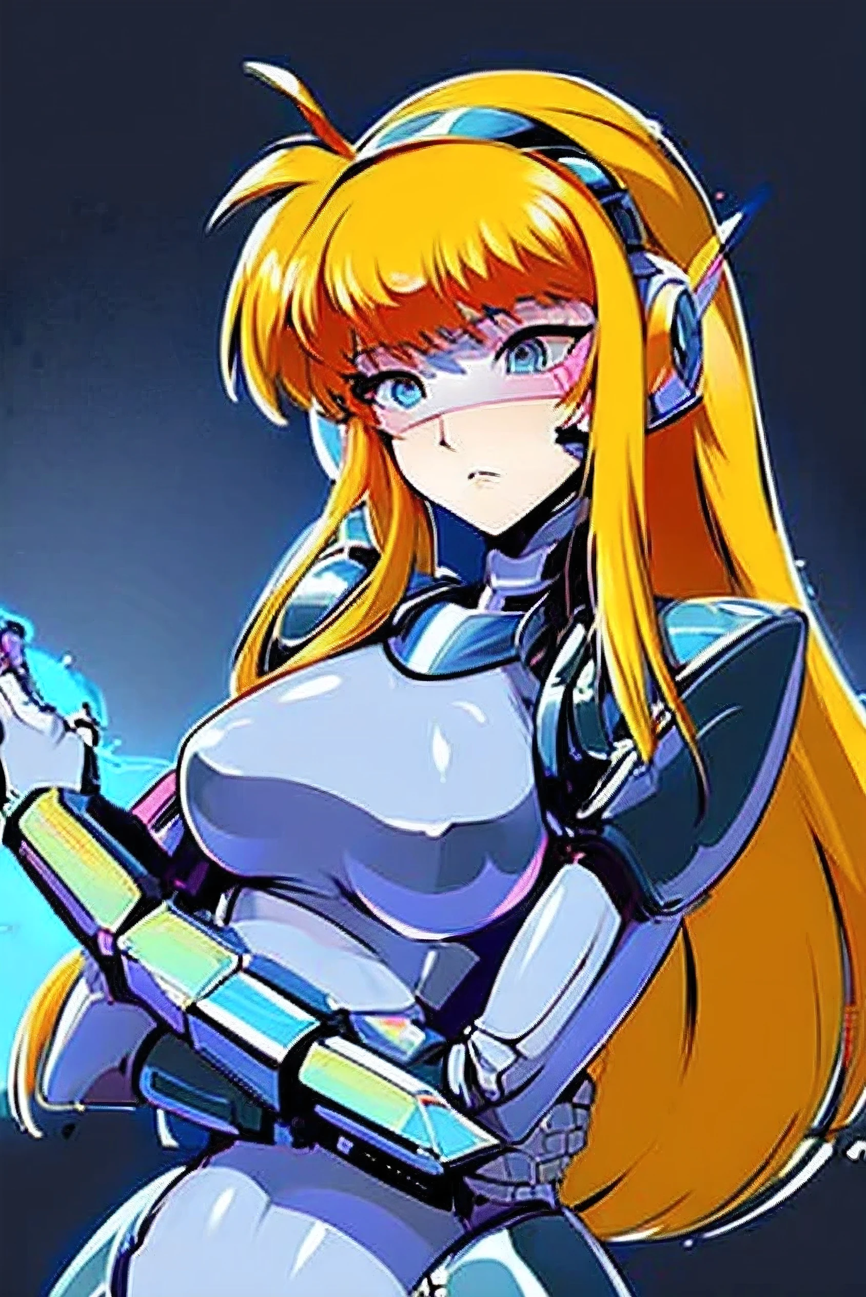 empty eyes,robotization,woman ,big bust,Robot Joint ,Metal skin,Black Suit,long hair,a suit that covers the whole body,numbers suit(Mahou Shoujo Lyrical Nanoha),aegis(persona3)