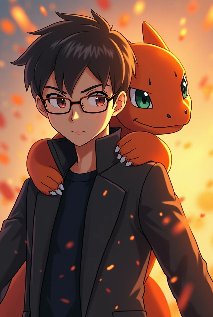 a detailed artwork of Pokémon Charmander and a boy wearing a black overcoat and glass transparanent on his face with a serious expression, Pokémon, 4k, 8k, Full HD, corpo inteiro, Pokémon art style, estilo de desenho hiper-realista, arte de anime limpa e detalhada, Dynamic background