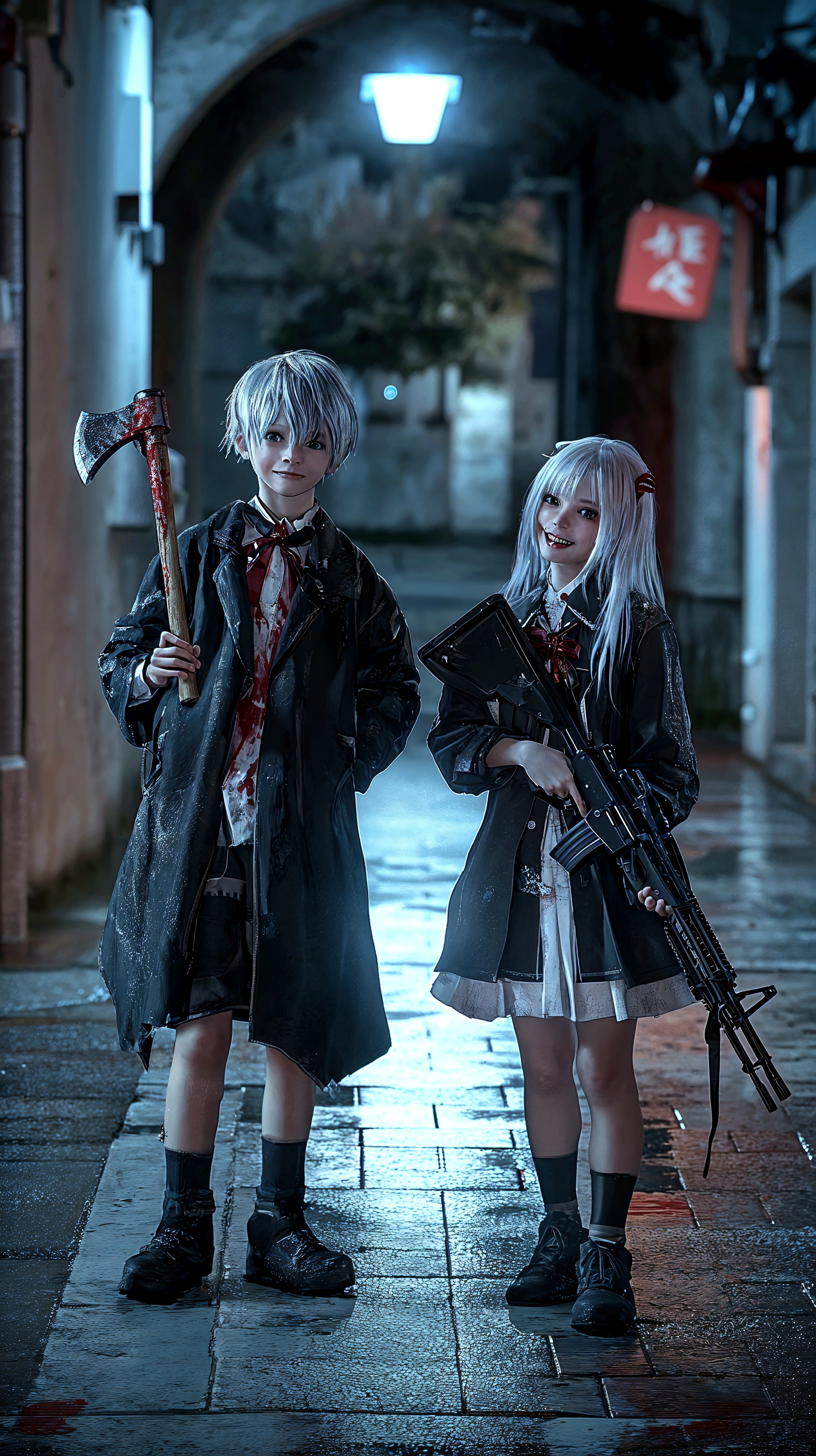 Boy with white hair and black roots, one eye black and the other white, black blouse with another cold red one with dropped shoulders, black and red skirt, boot, Hugging a teddy bear